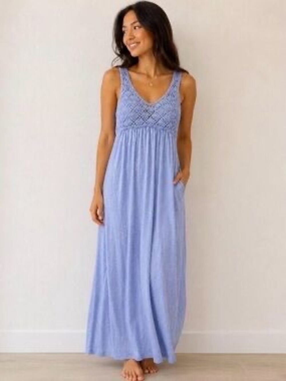 Aerie Crochet Tank Blue Maxi Dres Baby Doll Boho Resort Large NEW